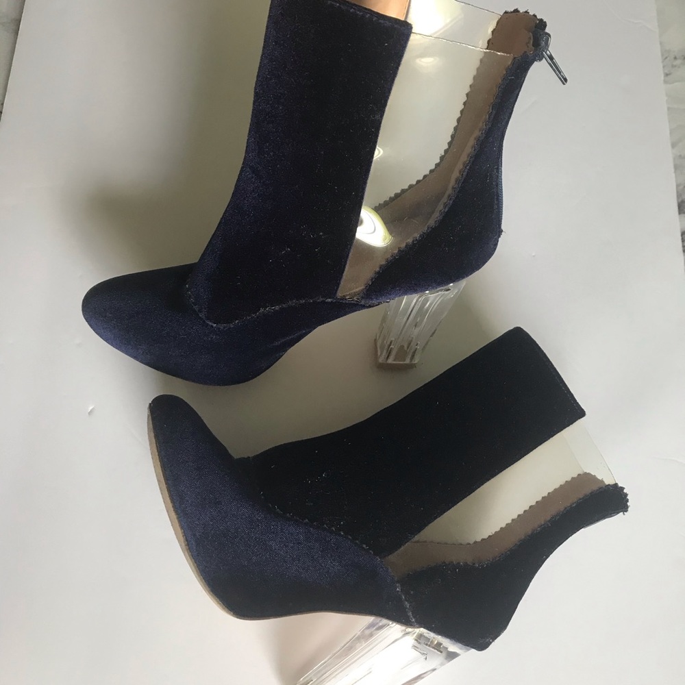 Clear block heel velvet booties size 8 1/2